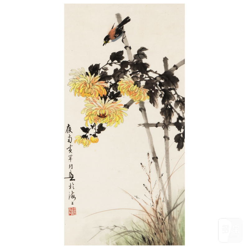 黃幻吾（1906-1985）菊花與鳥 設色紙本 鏡框 | HUANG HUANWU (1906-1985)